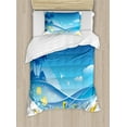 thumbnail image 1 of Tropical Animals Duvet Cover Set, Exotic Sea Waves in Fauna Frame with Gulls and Coconut Trees Journey, Decorative 2 Piece Bedding Set with 1 Pillow Shams, Twin Size, Blue Yellow, by Ambesonne, 1 of 3