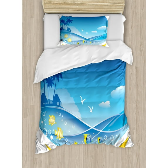 Tropical Animals Duvet Cover Set, Exotic Sea Waves in Fauna Frame with Gulls and Coconut Trees Journey, Decorative 2 Piece Bedding Set with 1 Pillow Shams, Twin Size, Blue Yellow, by Ambesonne