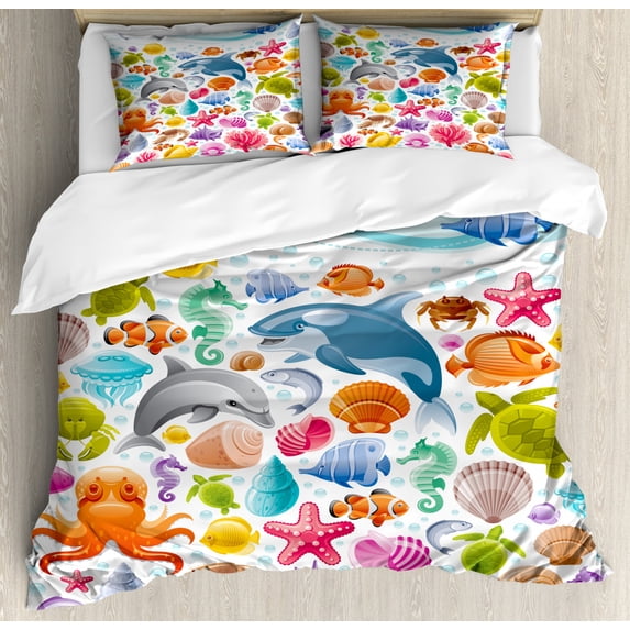 Tropical Animals Duvet Cover Set King Size, Diving Sea Animals Pattern with Marine Objects Whale Corals Underwater, Decorative 3 Piece Bedding Set with 2 Pillow Shams, Multicolor, by Ambesonne