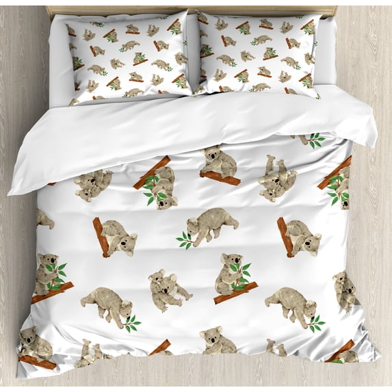 Tropical Animals Duvet Cover Set, Koala Pattern Design Mammals of Nature Australian Animals, Decorative 3 Piece Bedding Set with 2 Pillow Shams, Calking Size, White Grey, by Ambesonne