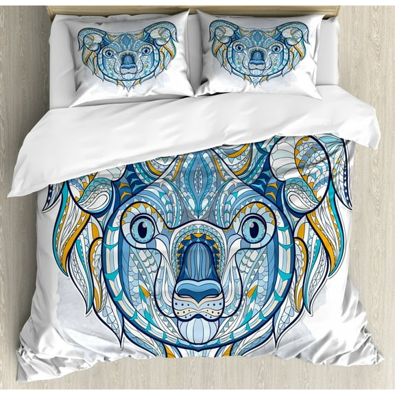 Tropical Animals Duvet Cover Set Queen Size, Tribal Patterned Head of Koala with Asian Ornate Motifs Australian Icon Image, Decorative 3 Piece Bedding Set with 2 Pillow Shams, Blue, by Ambesonne