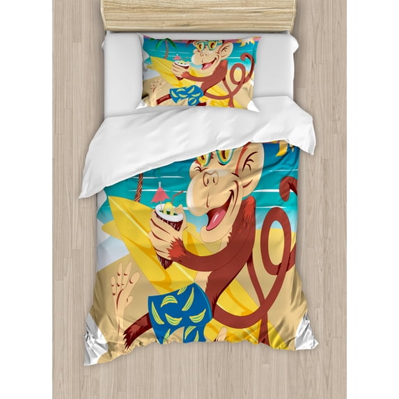 Tropical Animals Duvet Cover Set Twin Size, Hipster Monkey with Surfboard and Glasses Drinking on Beach in Sunny Day Kids, Decorative 2 Piece Bedding Set with 1 Pillow Sham, Multi, by Ambesonne
