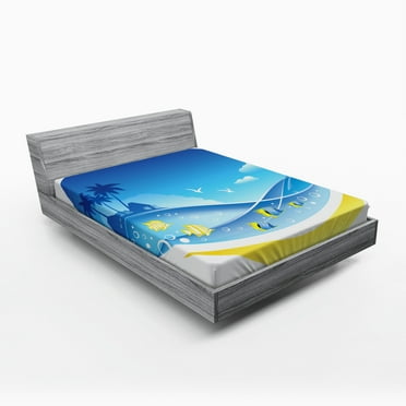 Ambesonne Exotic Fitted Sheet, Tropic Cartoon Sea, Full Size, Blue Yellow
