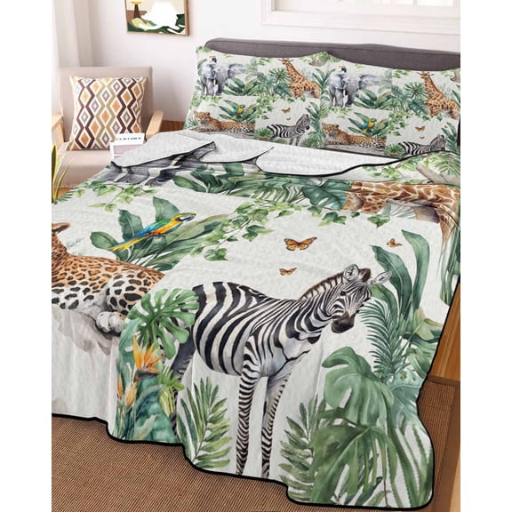 Tropical Animals King Size Down Alternative Comforter, Lightweight Comforter Quilt Bedding Set with Pillow Shams Summer Elephant Giraffe Leopard Zebra All Seasons Bed Comforter Duvet Insert 96"x106"