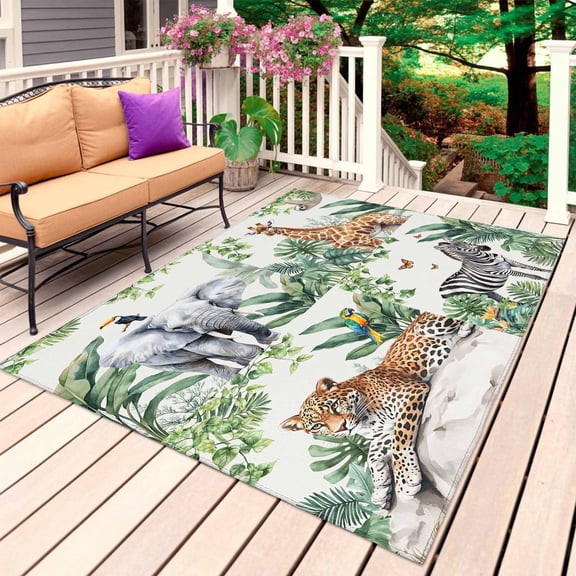 Tropical Animals Outdoor Rug 6x9 Ft, Non Slip Washable Area Rug, Summer Elephant Giraffe Leopard Zebra Patio Rugs Carpet Runner, Large Floor Mat for Indoor/Outdoor Deck Porch Camping