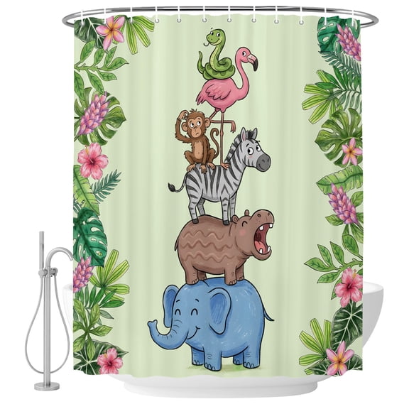 Tropical Animals Shower Curtain Set - Small 36" x 72" Washable Bathtub Curtain with 12 Hooks, Green Summer Elephant Flamingos Leaves Waterproof Fabric Stall Shower Curtains for Bathroom Décor
