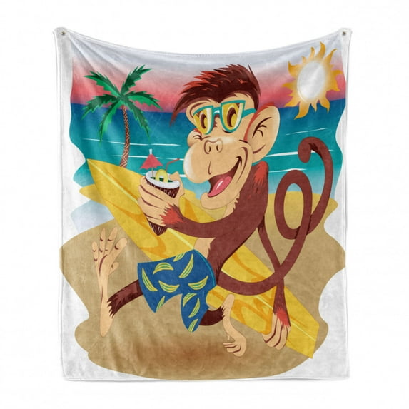Tropical Animals Soft Flannel Fleece Blanket, Hipster Monkey with Surfboard Glasses Drinking on Beach in Sunny Day Kids, Cozy Plush for Indoor and Outdoor Use, 60" x 80", Multicolor, by Ambesonne