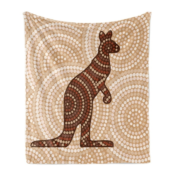 Tropical Animals Soft Flannel Fleece Throw Blanket, Aboriginal Kangaroo Motif Cream Toned Circling Dot Design, Cozy Plush for Indoor and Outdoor Use, 50" x 60", Peach Brown Redwood, by Ambesonne