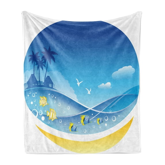 Tropical Animals Soft Flannel Fleece Throw Blanket, Exotic Sea Waves in Fauna Frame with Gulls and Coconut Trees Journey, Cozy Plush for Indoor and Outdoor Use, 60" x 80", Blue Yellow, by Ambesonne