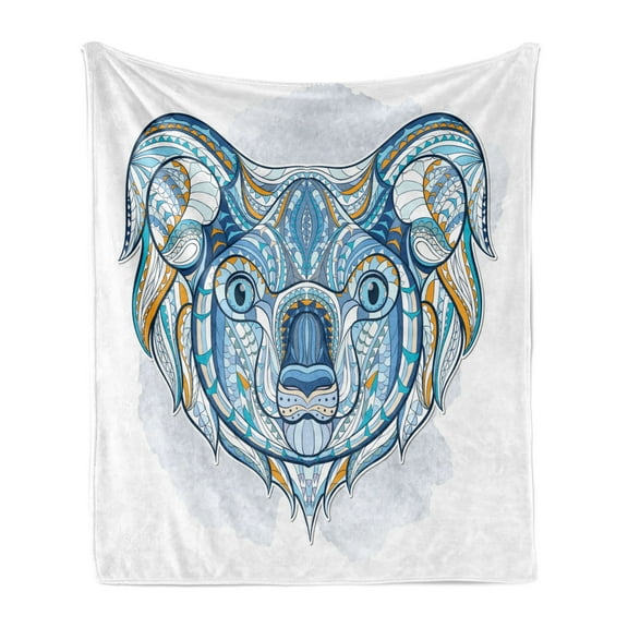 Tropical Animals Soft Flannel Fleece Throw Blanket, Patterned Head of Koala with Ornate Motifs Australian Image, Cozy Plush for Indoor and Outdoor Use, 60" x 80", Blue, by Ambesonne