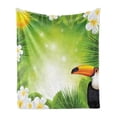 thumbnail image 1 of Tropical Animals Soft Flannel Fleece Throw Blanket, Toucan Birds with Macro Exotic Plants with Fresh Colors Nature Design, Cozy Plush for Indoor and Outdoor Use, 50" x 70", Green Yellow, by Ambesonne, 1 of 5