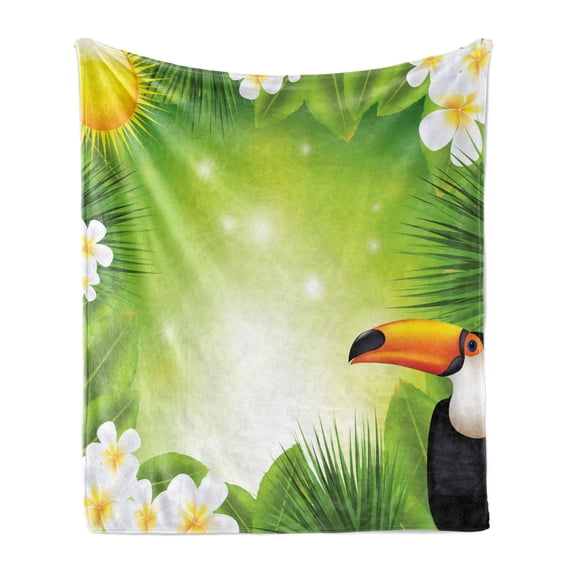Tropical Animals Soft Flannel Fleece Throw Blanket, Toucan Birds with Macro Exotic Plants with Fresh Colors Nature Design, Cozy Plush for Indoor and Outdoor Use, 50" x 70", Green Yellow, by Ambesonne