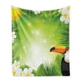 thumbnail image 1 of Tropical Animals Soft Flannel Fleece Throw Blanket, Toucan Birds with Macro Exotic Plants with Fresh Colors Nature Design, Cozy Plush for Indoor and Outdoor Use, 70" x 90", Green Yellow, by Ambesonne, 1 of 5