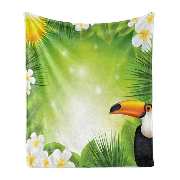 Tropical Animals Soft Flannel Fleece Throw Blanket, Toucan Birds with Macro Exotic Plants with Fresh Colors Nature Design, Cozy Plush for Indoor and Outdoor Use, 70" x 90", Green Yellow, by Ambesonne
