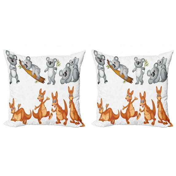 Ambesonne Cartoon Throw Pillow Cover 2 Pack, Kangaroos Koalas, 16", Brown Grey