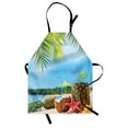 thumbnail image 1 of Tropical Apron Fresh Summer Fruits Coconut and Pineapple Drinks at Exotic Beach Palm Trees, Unisex Kitchen Bib Apron with Adjustable Neck for Cooking Baking Gardening, Blue Green Brown, by Ambesonne, 1 of 3