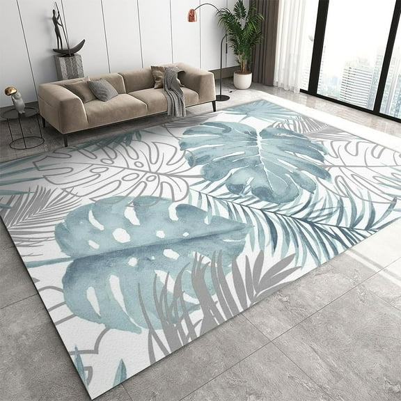 Tropical Area Rugs, Hand Drawn Blue Watercolor Rainforest Botanical Monstera Palm Leaf Area Rug, Washable Breathable Carpet for Living Room Apartment Room Decor Mats 2ft x 3ft
