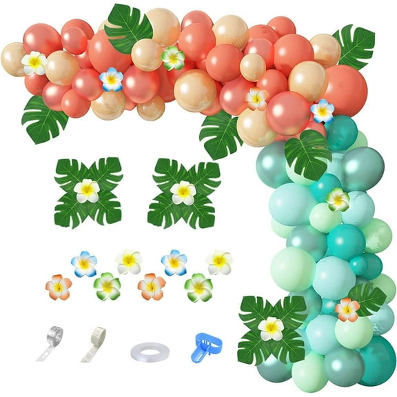 Tropical Balloon Garland Arch Kit, 12"10"5" Rose Gold Blush Blue Balloons Artificial Palm Leaves Plumeria for Magic Theme Birthday Party Supplies Baby Shower Hawaii Luau Party Decorations