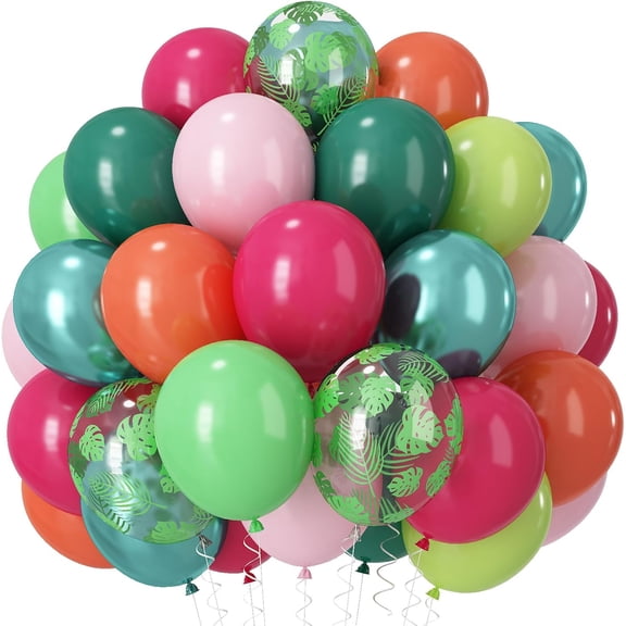 Tropical Balloons, 60 PCS Summer Hawaiian Balloons, Hot Pink Lime Green Orange Metallic Latex Balloon Palm Leaves Helium Party Balloon for Baby Shower Aloha Luau Beach Summer Party Decorations