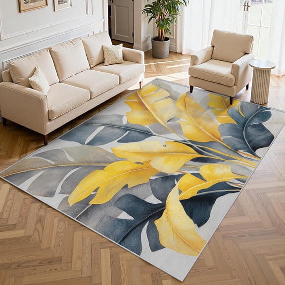 Tropical Banana Leaf Area Rug, Botanical Pattern Carpet, Washable Non Slip Low Pile Soft Thin, Living Room Bedroom Home Decor Mat 2x3ft