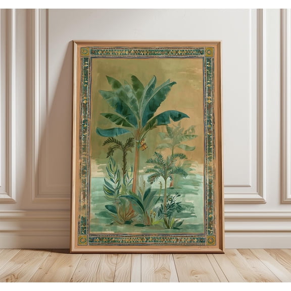 Tropical Banana Leaf Poster, Green Botanical Wall Art with Vintage Ethnic Border, Jungle Plant Print for Boho and Eclectic Interiors, Poster Only