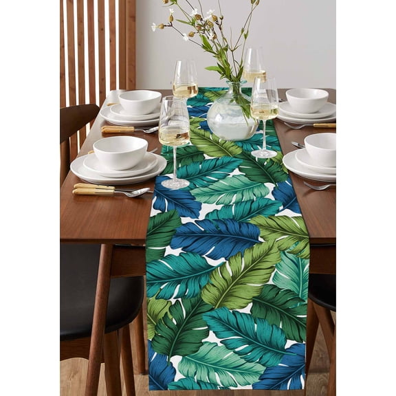 Tropical Banana Leaf Table Runner 13x36in Non-Slip Cotton Linen Table Runners, Classic Summer Green Blue Plants Dresser Scarves TableRunner for Dinner Kitchen Dining Wedding Party