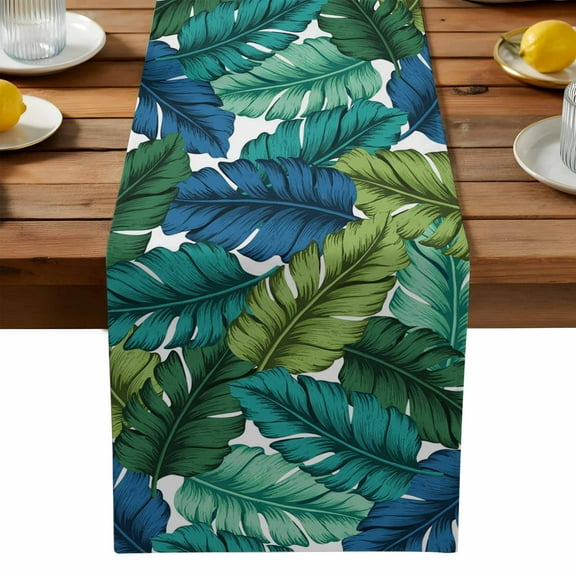 Tropical Banana Leaf Table Runner Dresser Scarf,Kitchen Dining Table Decoration Classic Summer Green Blue Plants Linen Table Runners for Home Wedding Indoor Outdoor Party,13x36in