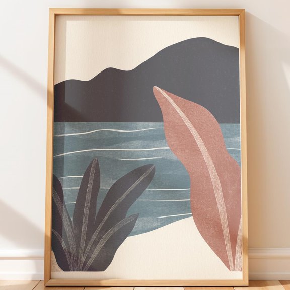 Tropical Banana Leaves Coastal Illustration Beachy Decor With Ocean And Mountains Earthy Abstract Decorative Wall Art Poster , Poster Print Only