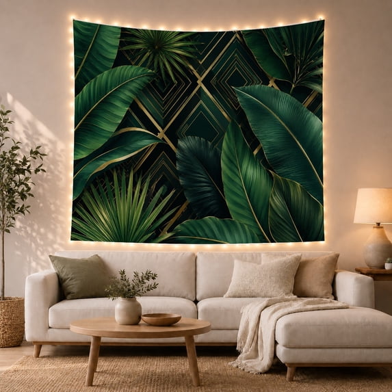 Tropical Banana Leaves and Palm Fronds Against Gold Geometric Lines, Moody Abstract for Plant Lovers, Botanical Wall Art Decor, Housewarming Gift Tapestry Wall Hanging for Living Room and Bedroom