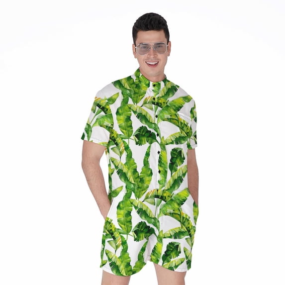 Tropical Banana Leaves Pattern Short Sleeve Men'S Rompers, Banana Fruits Casual Summer Jumpsuits Outfit