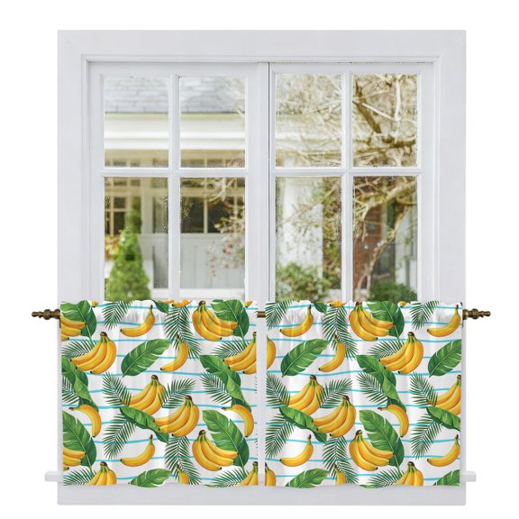 Tropical Banana Leaves Tier Curtains 24 Inch Length, Summer Fruit Aqua Stripes Cafe Short Curtains for Bathroom Over Sink, Small Kitchen Curtain Light Filtering Tiered Drapes 2 Panels 27.5"Wx24"L