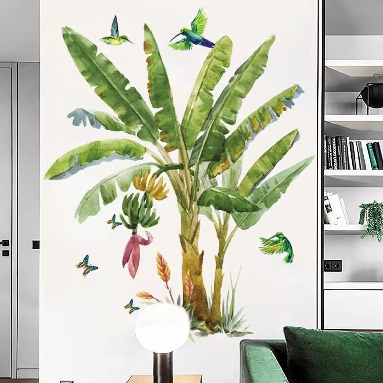 Tropical Banana Plant Wall Stickers Bird wall sticker for Living Room Large Leaves Wall Decals Removable Peel and Stick Wall Art Home Decor Decoration for Bedroom Bathroom Classroom Library Nursery
