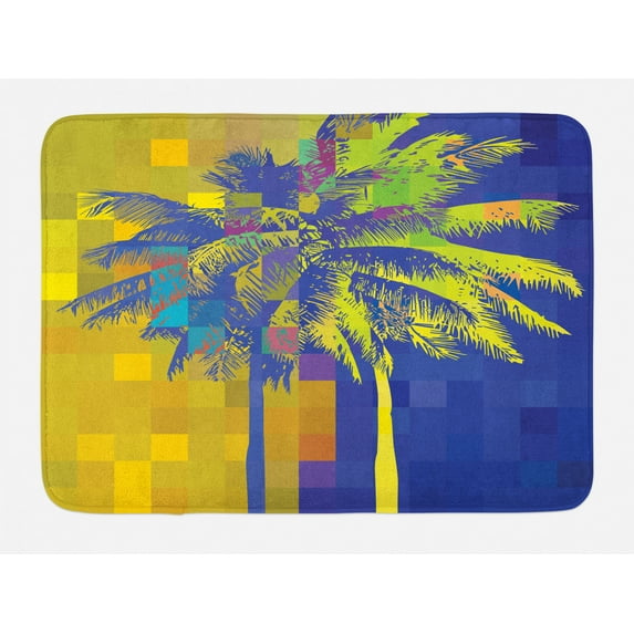 Tropical Bath Mat, Colorful Pixel Design Like Art Palm Tree Graphic Psychedelic Beachy Squares, Plush Bathroom Decor Mat with Non Slip Backing, 29.5" X 17.5", Multicolor, by Ambesonne