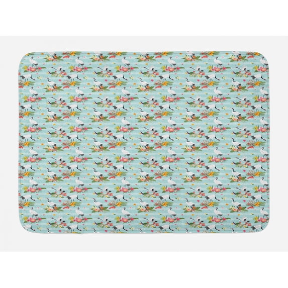 Tropical Bath Mat, Pattern of Japanese Cranes and Colorful Exotic Flower Arrangements Retro Feels, Plush Bathroom Decor Mat with Non Slip Backing, 29.5" X 17.5", Multicolor, by Ambesonne