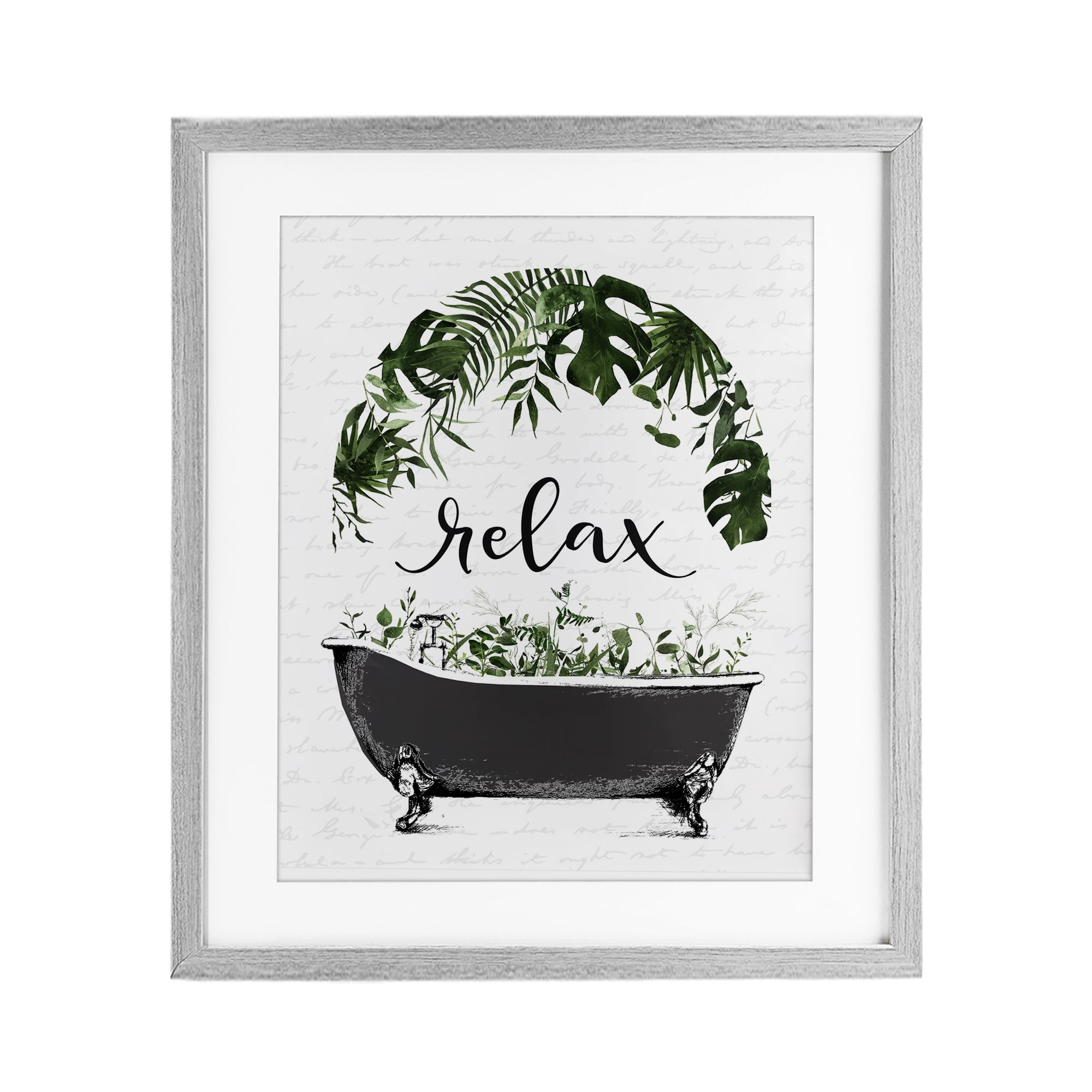 Tropical Bath Relax Gray Framed Print Under Glass, design by Lettered and Lined