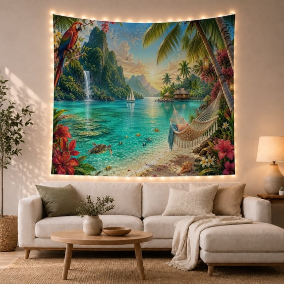 Tropical Bay With Waterfall Hammock and Macaw, Peaceful Coastal Style for Beach Lovers, Island Wall Art, Housewarming Gift, Tapestry Wall Hanging for Bedroom and Living Room