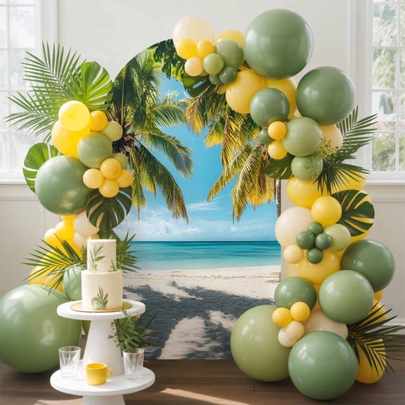 Tropical Beach Arch Backdrop Cover, 7.2FT, Scenery Palm Trees Ocean Sky Sand Beach Spandex Arch Covers Double-Sided Backdrop for Wedding Birthday Party Photo Background Decoration