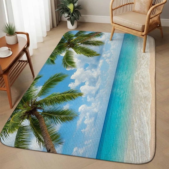 Tropical Beach Area Rugs for Living Room 5x6, Starfish Palm Tree Sky Coastal Washable Area Rug with Non Slip Backing, Stain Resist Linen Carpet for Bedroom, Dining Room, Entryway, Entrance