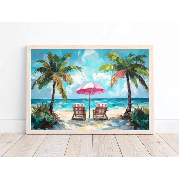 Tropical Beach Art Print Caribbean Palm Trees Pink Umbrella Unframed Paper Poster 8x10in