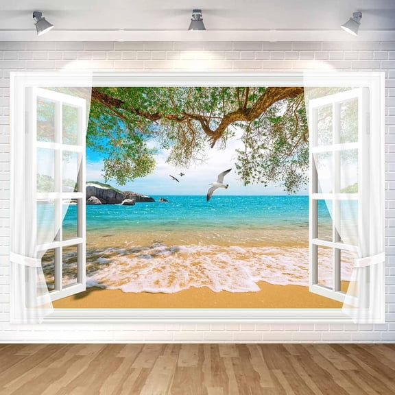 Tropical Beach Backdrop Beach Palm Trees Blue Sea Sky Outside Window Photography Background White Window Frame Tulle Curtain Theme Banners Decorations for Party Photo Booth Props