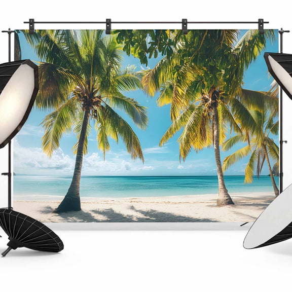 Tropical Beach Backdrop for Photography, Scenery Palm Trees Ocean Sky Sand Beach Photo Backdrop Portrait Background Party Banner Photo Backgrounds for Studio Booth Props, 7x5ft