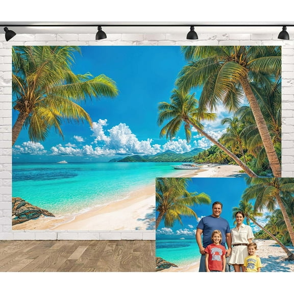 Tropical Beach Backdrop Summer Hawaiian Ocean Scene with Palm Trees, Blue Sky, and Sandy Shoreline Background for Photography for Studio, Party, Wedding Photo Props Banner Decorations,10X6ft
