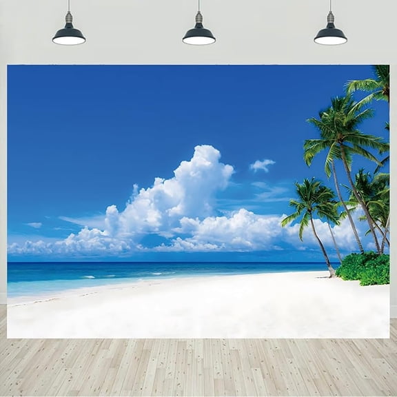 Tropical Beach Backdrop Summer Luau Palm Leaves Seaside Scene Blue Sky Ocean Photography Background Sandy Beach Birthday Wedding Party Decorations Portraits Banner Photo Studio Props