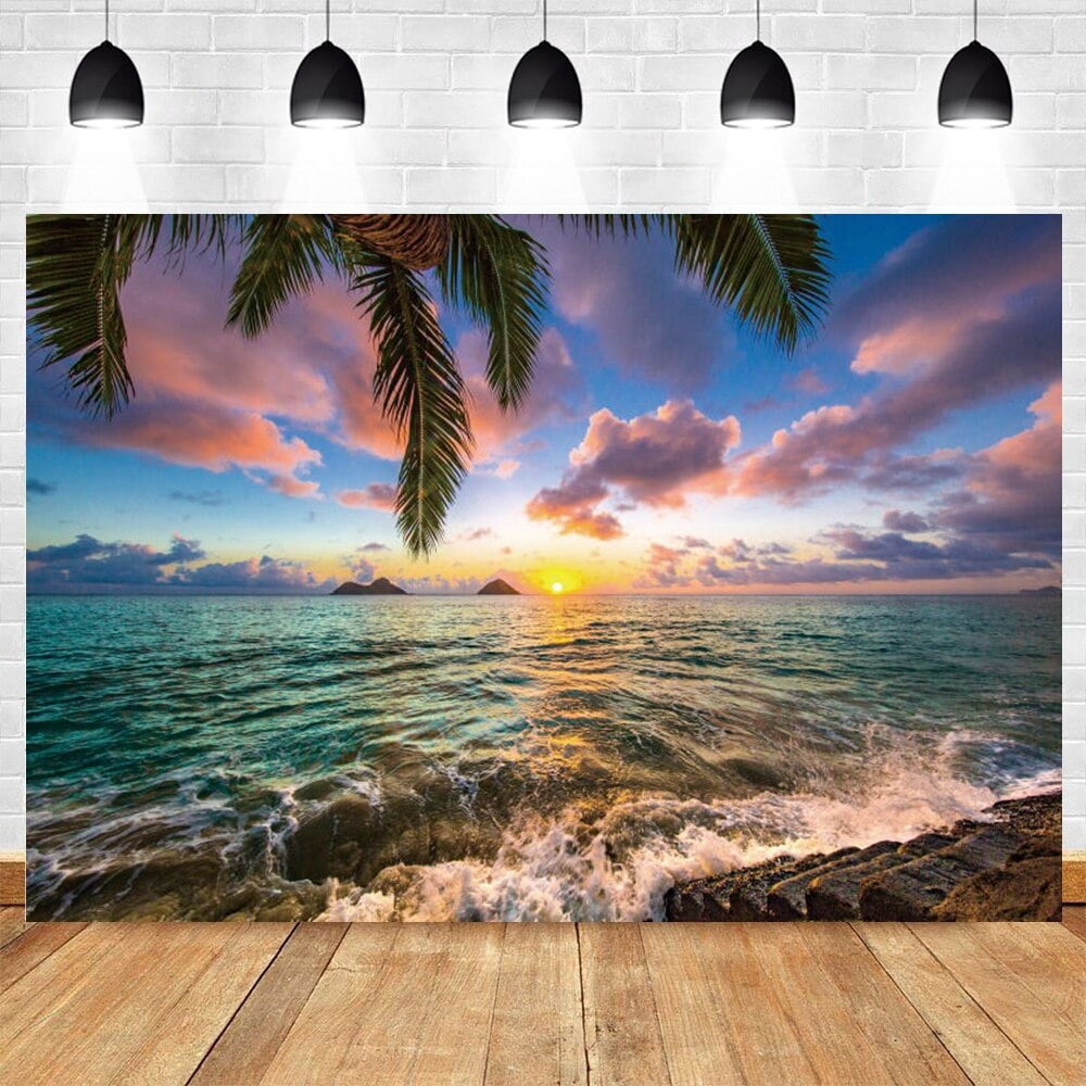 Tropical Beach Background Summer Luau Palm Leaves Ocean Island Seaside ...