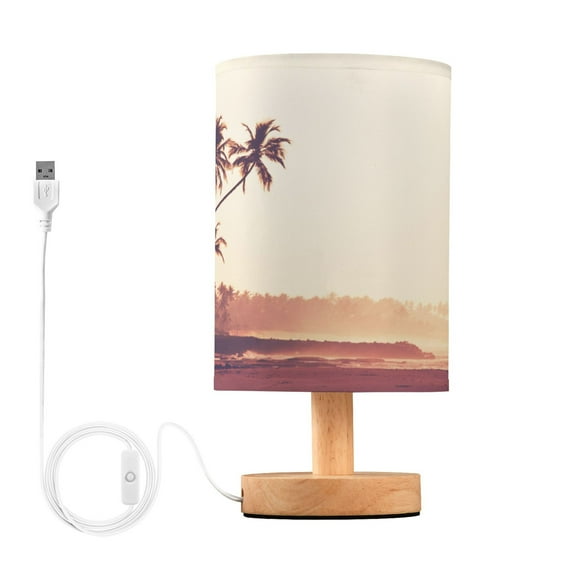 Tropical Beach Bedside Table Lamp LED Desk Lamps with USB Charging Port Cylinder Retro Warm Lights for Bedroom Living Room Coffee Bar Decoration