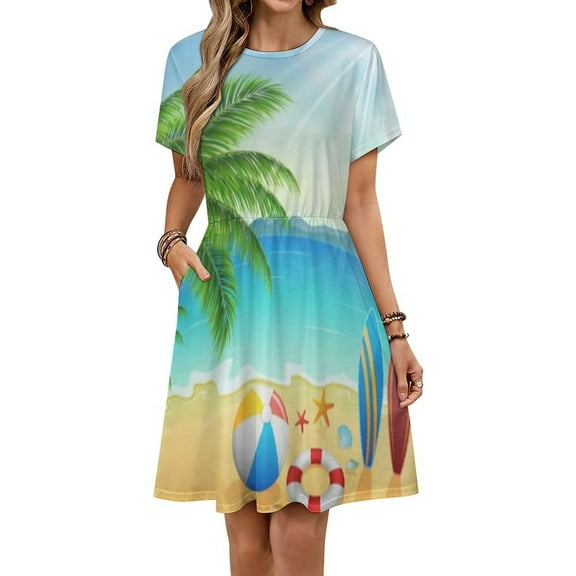 Tropical Beach Bright Sun Dress Fashion Beach Short Sleeve Dresses Female Party Printed Sundress