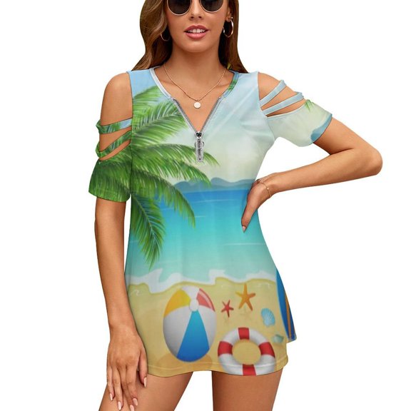 Tropical Beach Bright Sun Womens Summer V Neck Zipper Top Short Sleeve T Shirt Off Shoulder Top Casual Classy Loose Shirts