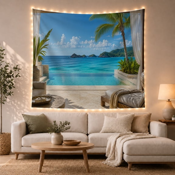 Tropical Beach Chair and Umbrella Tapestry Wall Hanging