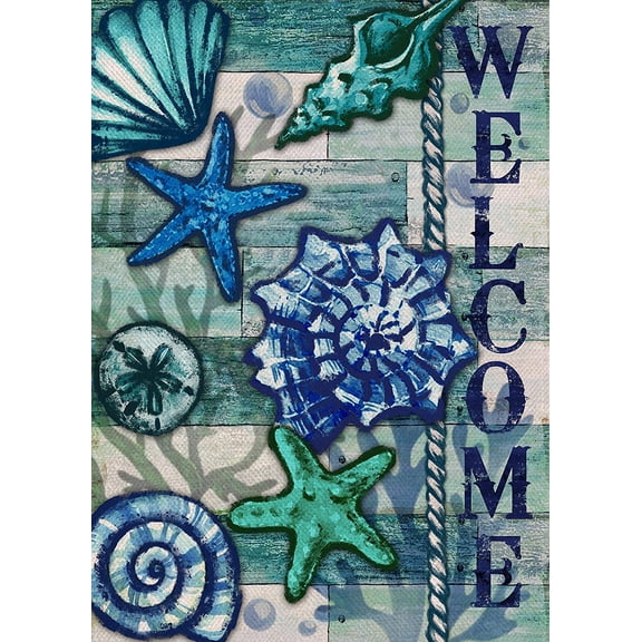 Tropical Beach Coastal Garden Flag 12x18 Double Sided, Welcome Summer Nautical Starfish Conch Shell Blue Ocean Decor