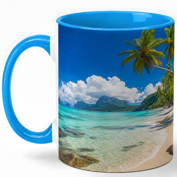 Tropical Beach Coffee Mug, Ocean Lover Mug, Summer Vacation Birthday Christmas Gift, Palm Tree Turquoise Sea Island Landscape Art, 11 oz White Ceramic Coffee Cup for Tea Lover